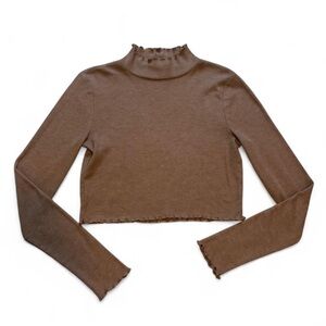 Double Zero Brown Ribbed Mock Neck Crop Top with Lettuce Trim